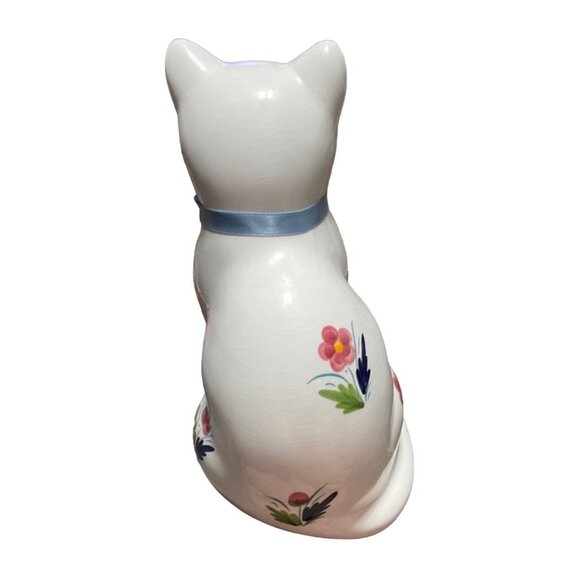 Ceramic Cat Figurine With Blue Eyes & Floral Design By ELPA Alcobaca Portugal - Picture 7 of 9